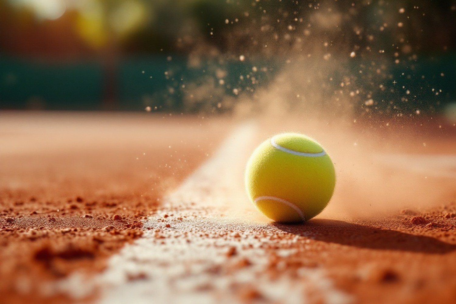 Chalk dust rising where a ball has clipped a clay court line, frozen motion