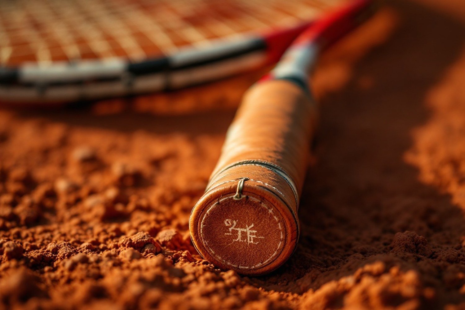 A worn leather grip and overwrap on a well-used racket handle, macro