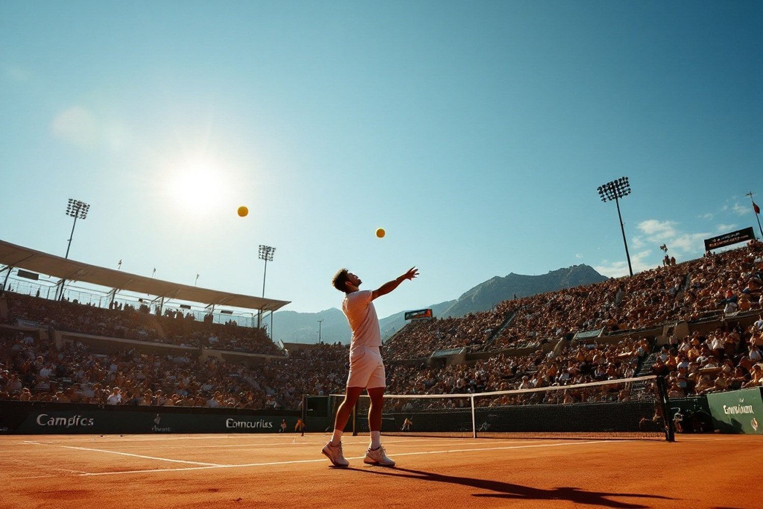 A silhouette of a serve toss against a bright sky, no face