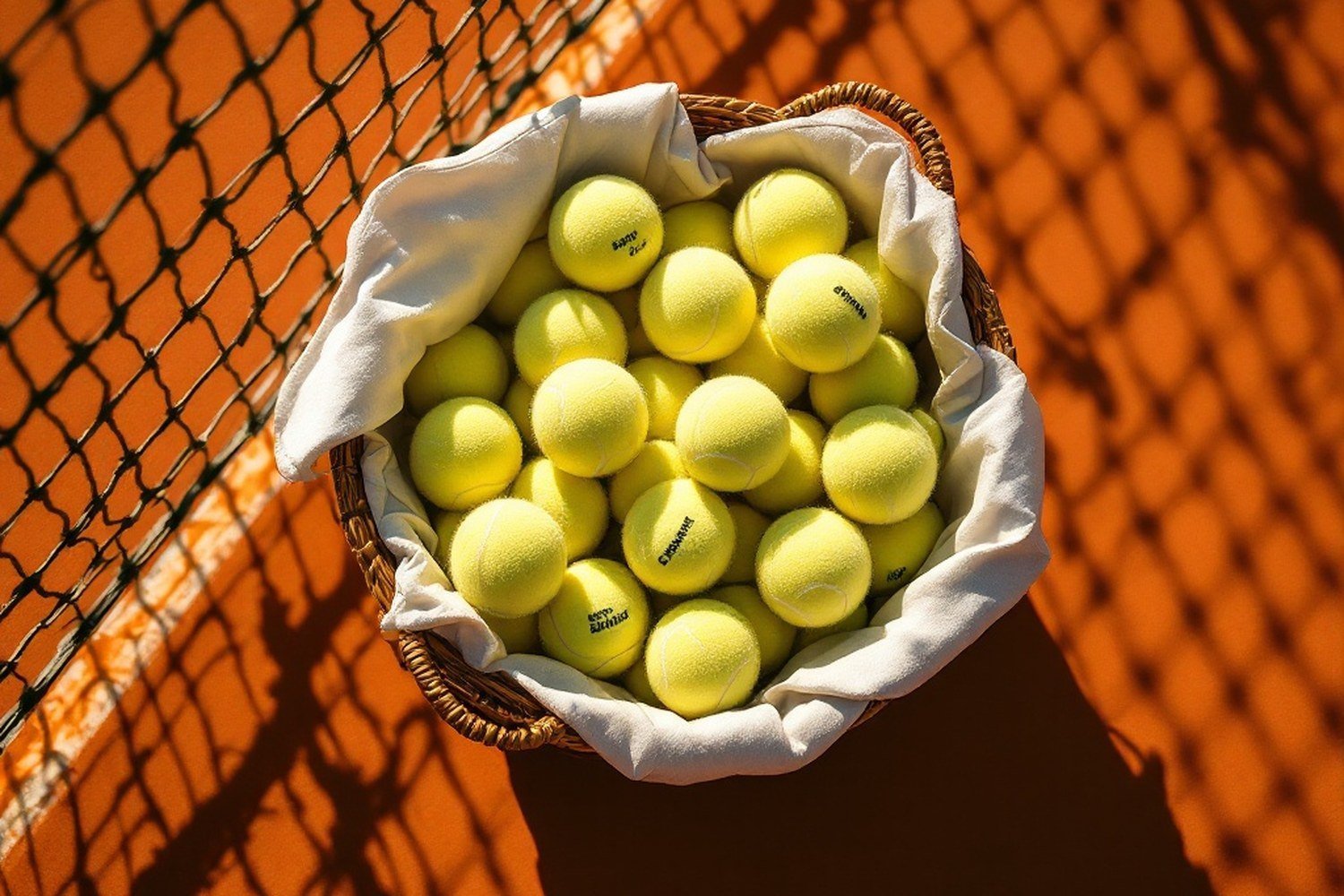 An overhead view of a full basket of practice balls beside a service line