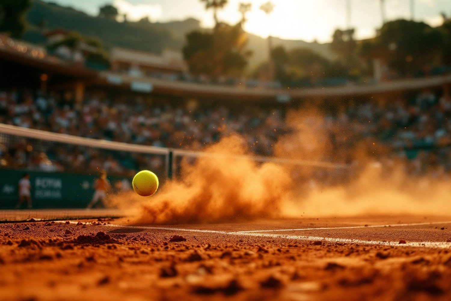 Low-angle photo of a topspin follow-through on clay, racket high, dust kicking off the baseline, player in silhouette, no face