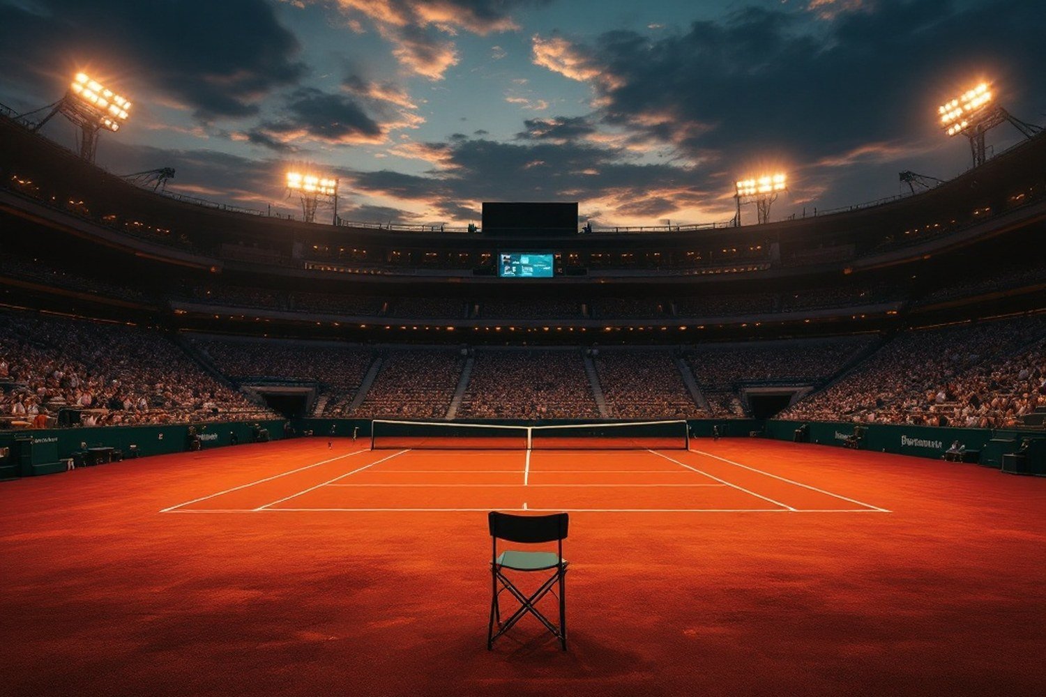 An empty floodlit show court at dusk, terracotta surface glowing, umpire chair