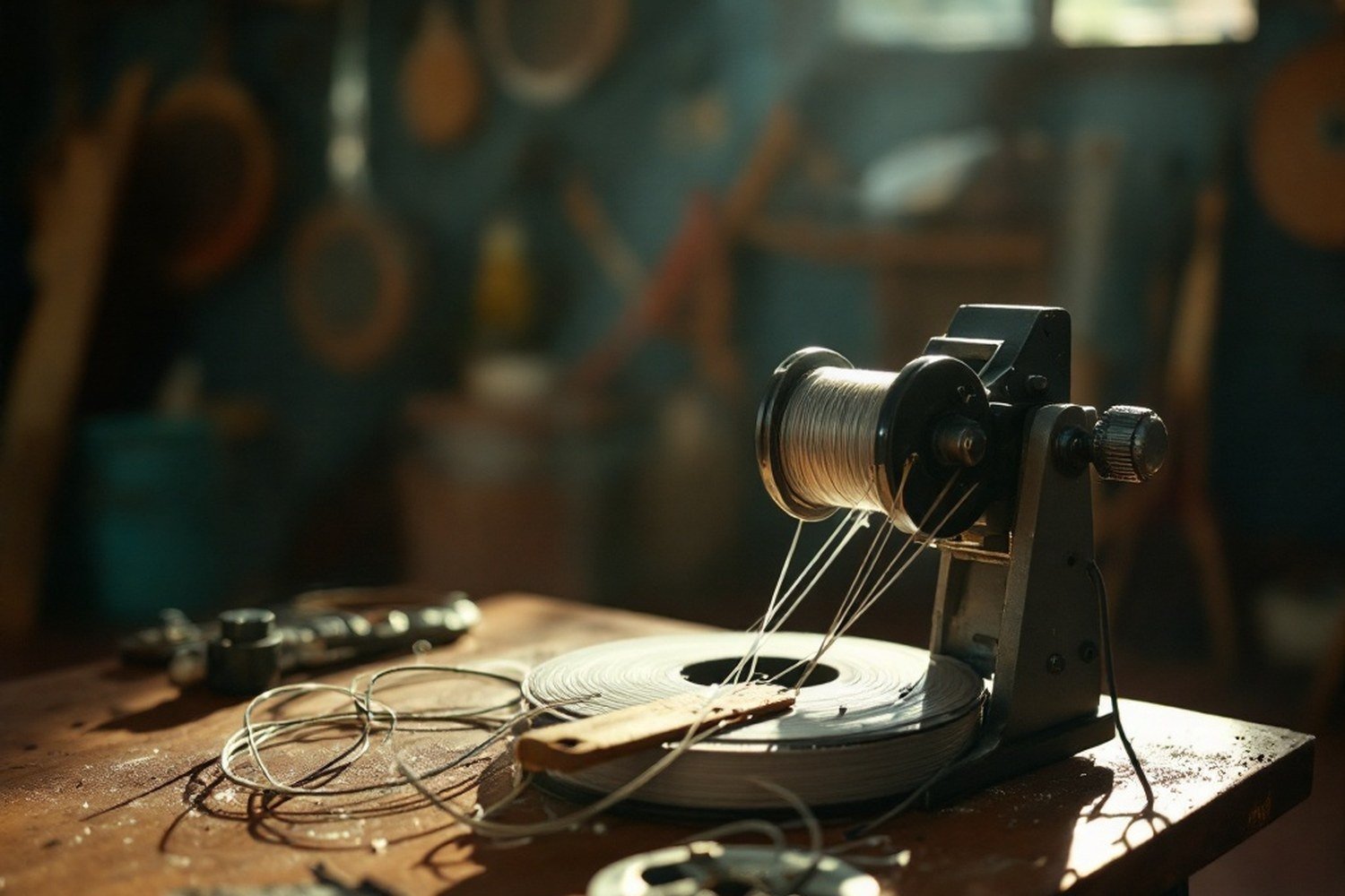 A stringing machine with a reel of string in a workshop, focused light