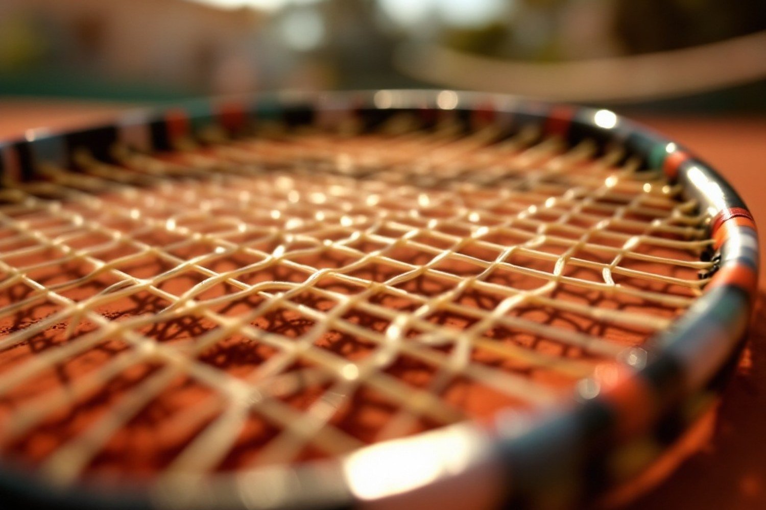 Close detail of natural-gut strings across a racket bed, warm side light