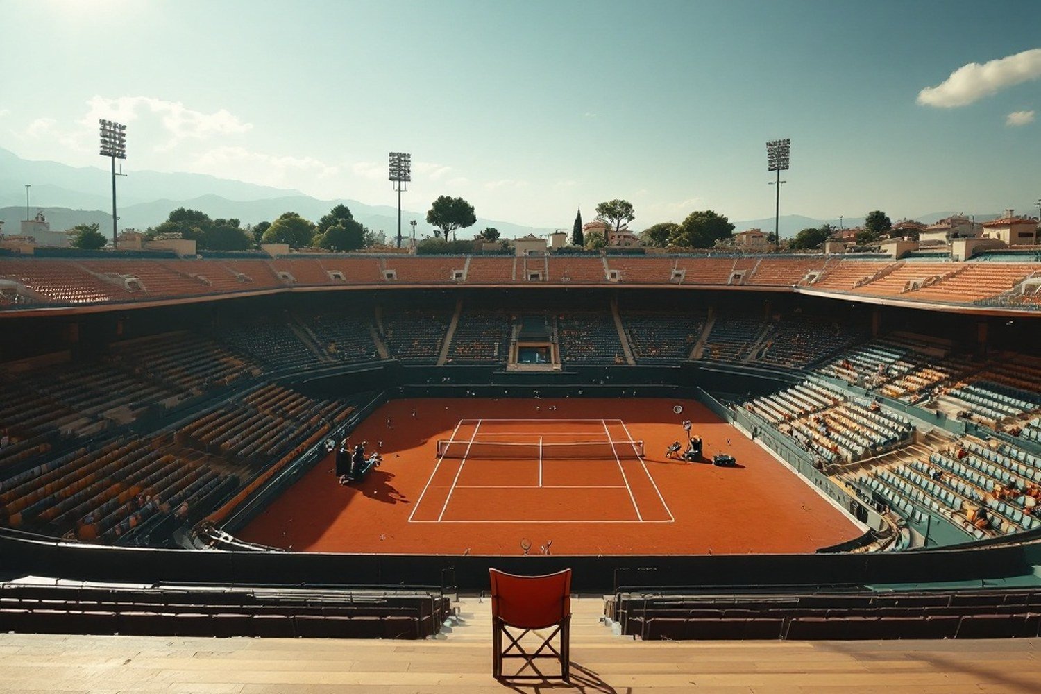 A stadium clay court seen from high in the empty stands, single umpire chair