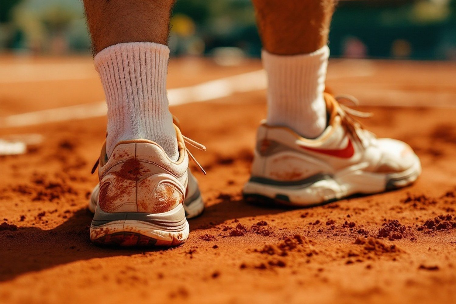 A player's clay-stained tennis shoes and socks after a long rally, no face