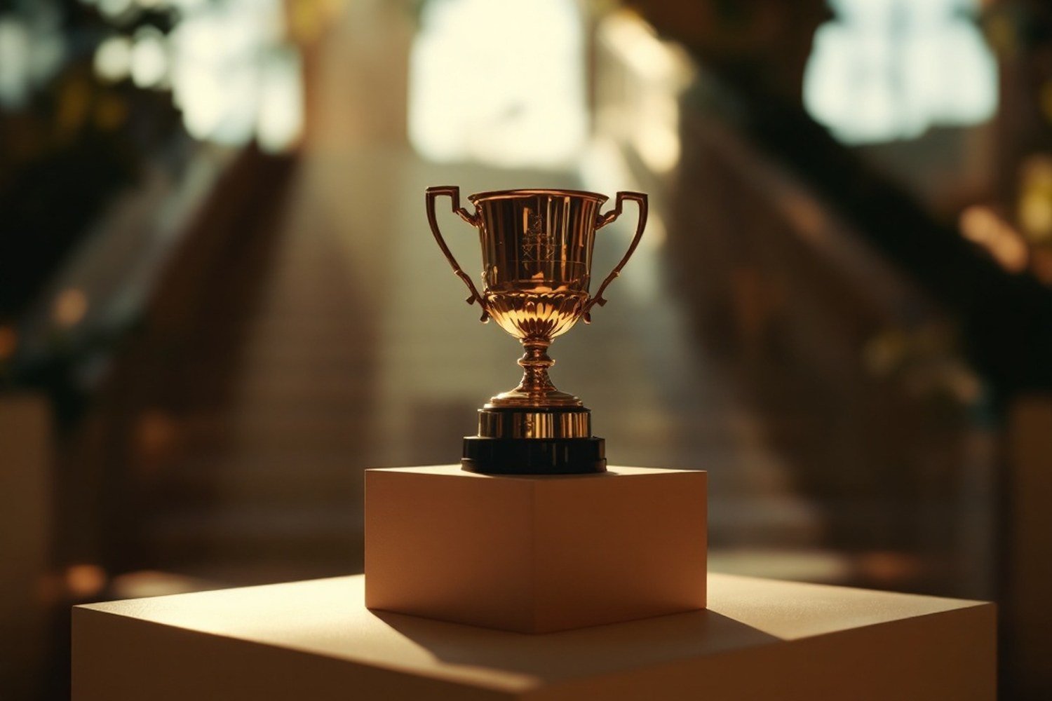 A historic tennis trophy on a plinth under soft museum lighting