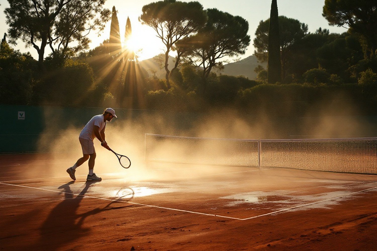 A clay court being watered and rolled at dawn, mist rising