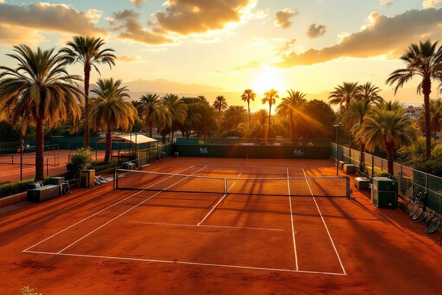 A Mediterranean tennis club at sunset, palm trees and rows of clay courts