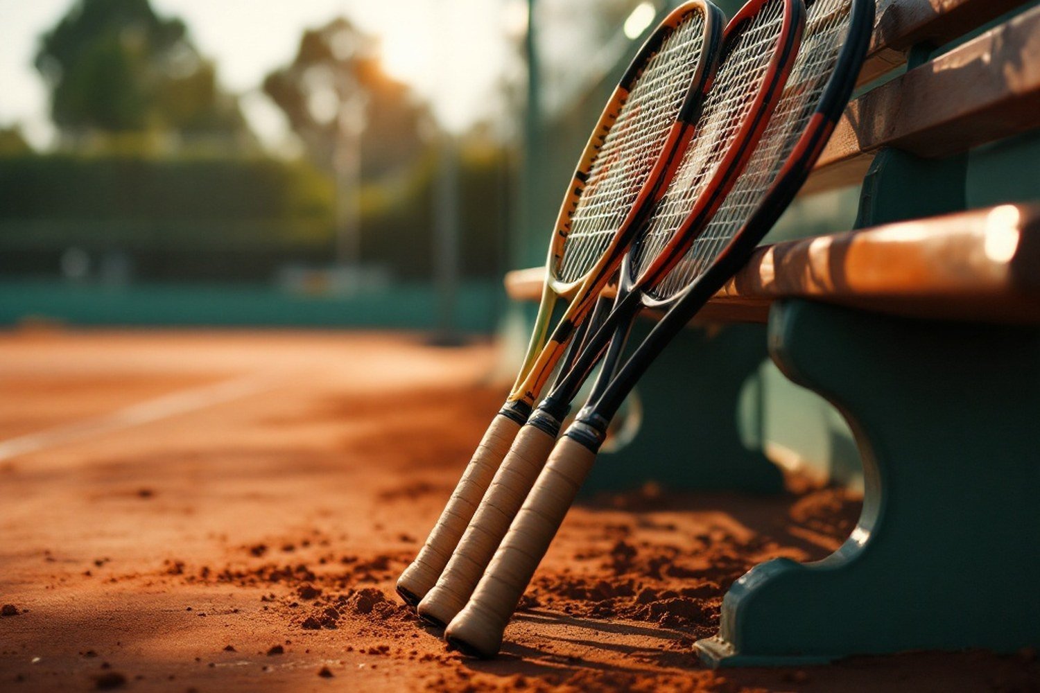 Rackets leaning against a courtside bench, clay dust on the ground